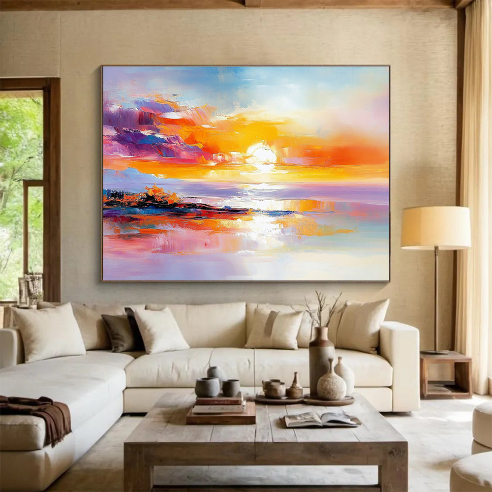 A large abstract painting featuring a stunning sunset with warm colors reflecting on water and a distant island, evoking tranquility and calmness.SC422