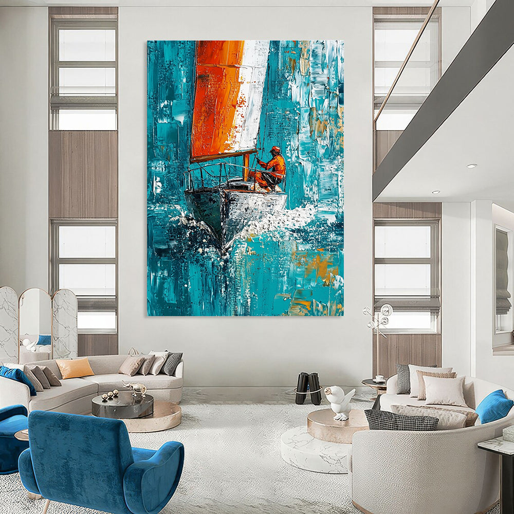 Large abstract painting featuring a sailboat with white and red stripes sailing swiftly on turquoise waters under a blue sky.STSC1418