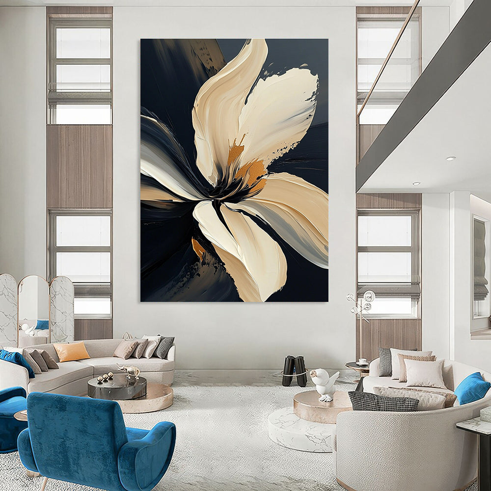 Large abstract painting of a textured white flower with bold strokes and gold accents on a dark gray background.STSC295