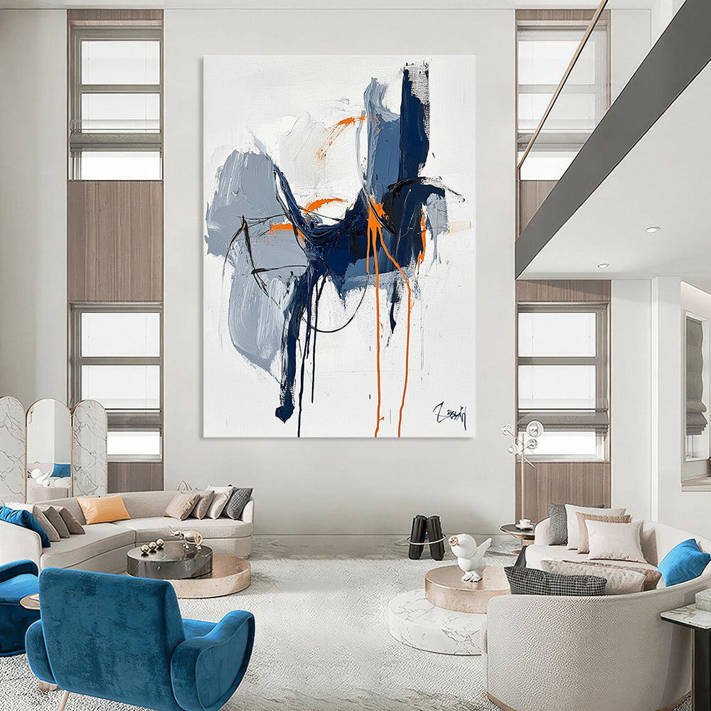 Large abstract painting featuring blue and orange lines draping organically with a black outline set against a white background in an expressionist style.STSC676