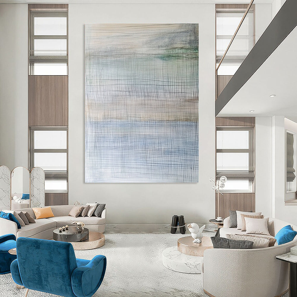 Abstract painting inspired by an ice shelf featuring thin horizontal lines in soft muted watercolor hues.STSC708