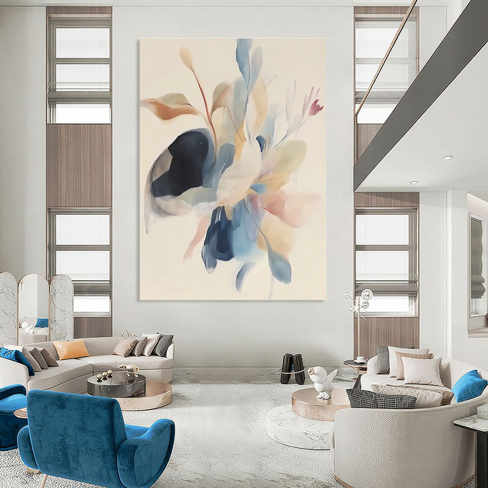 Abstract painting featuring soft watercolor in pastel colors with minimalistic floating bird wings and flowers on a white background.STSC482