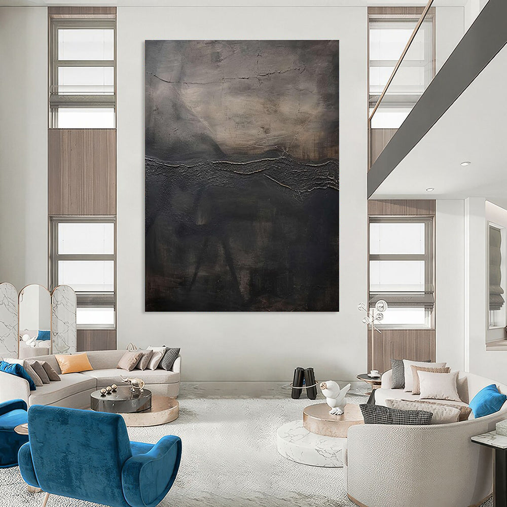 Dark Textured Abstract Painting with Layered Cracks ADGE515