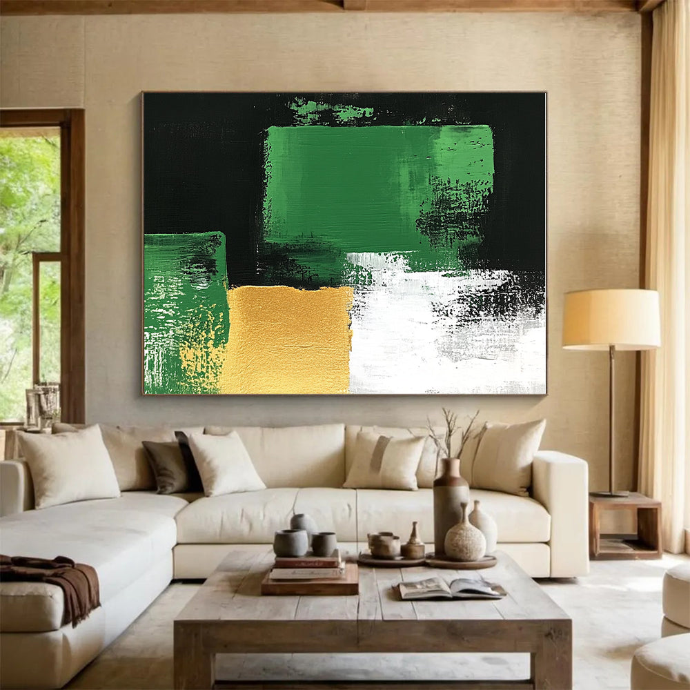 Green Gold and Black Abstract Painting with Bold Geometry GER678