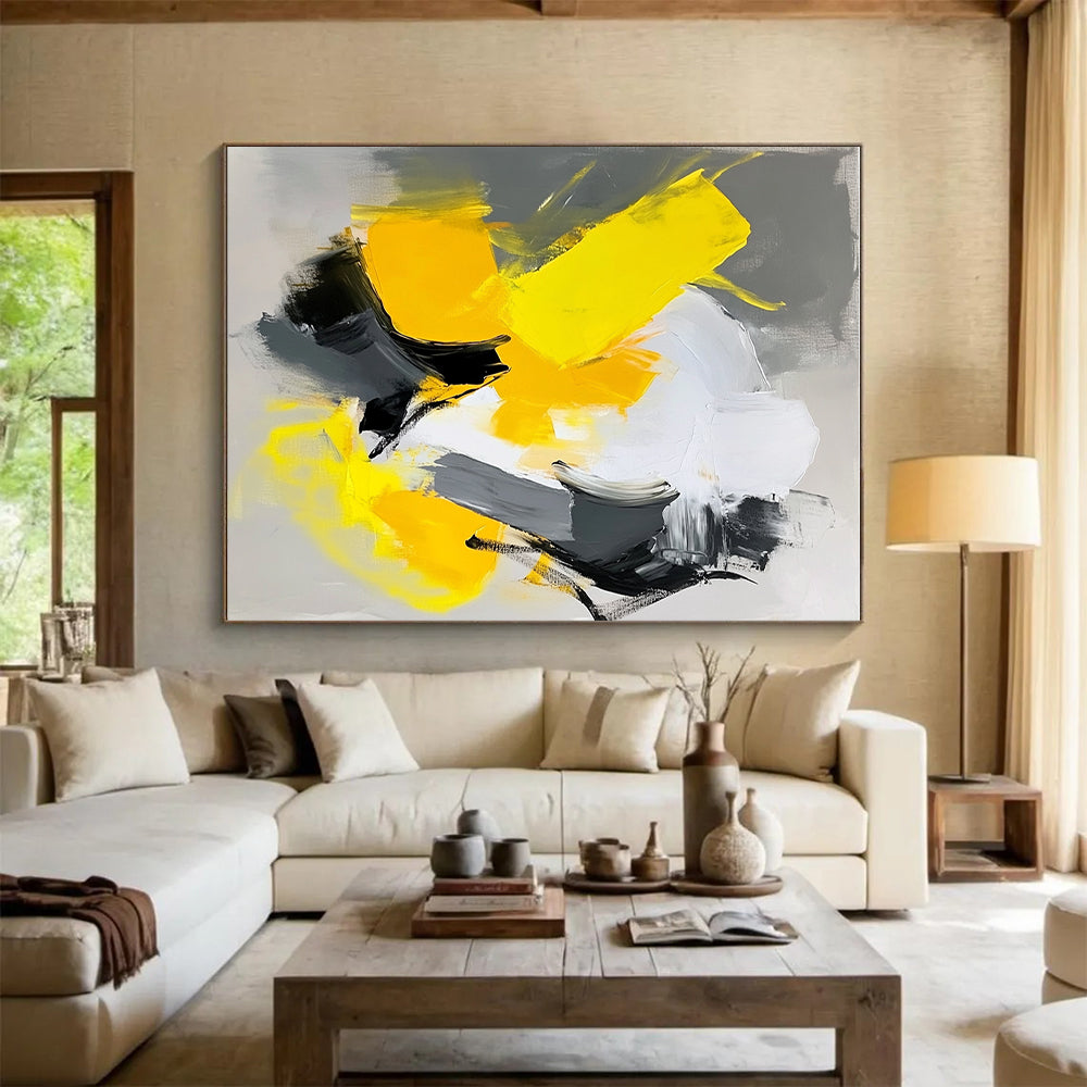 Yellow Gray Black Abstract Painting with Energetic Compositions GER809