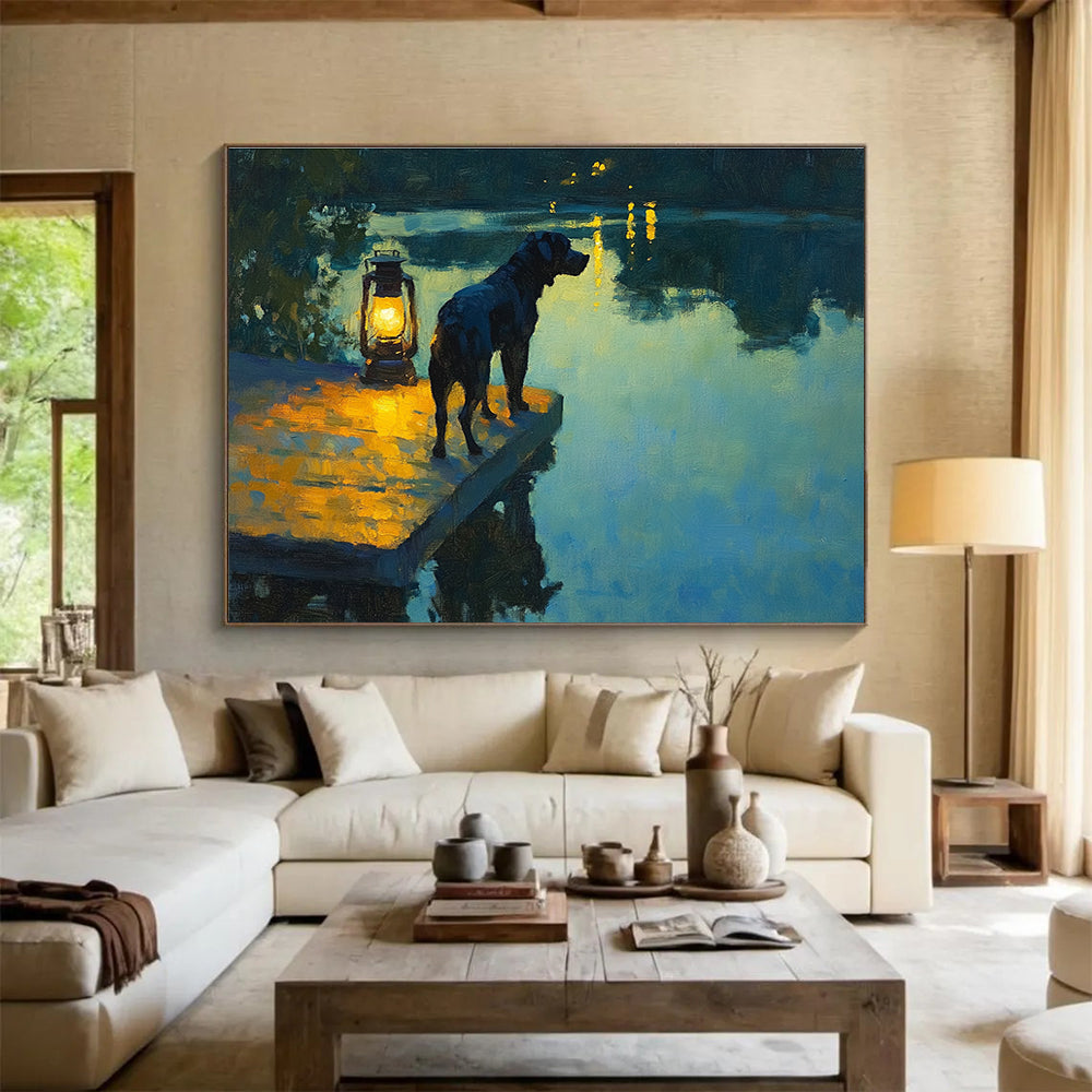Large abstract painting featuring a black dog on a dock with a lantern reflecting on a lake at dusk in Impressionist style.SC597