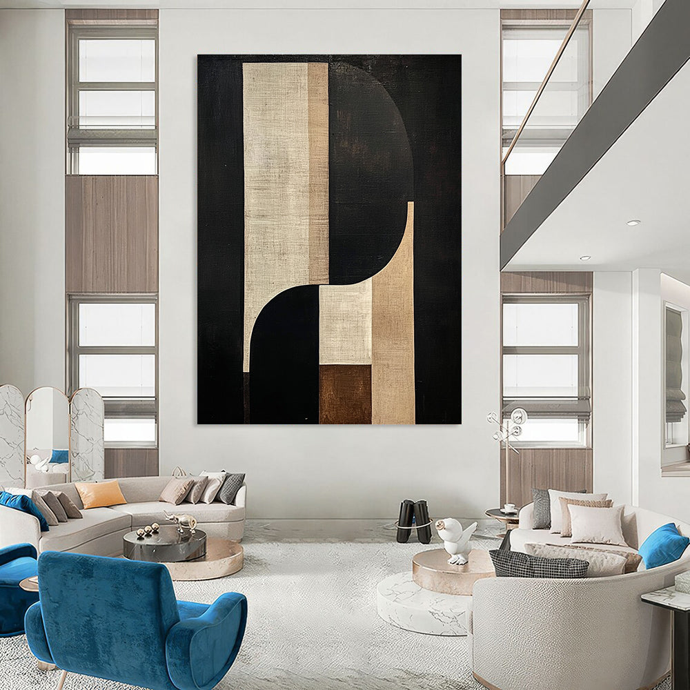 Large abstract painting features geometric and organic shapes in beige and brown tones against a black background with a central tall white shape.STSC1058