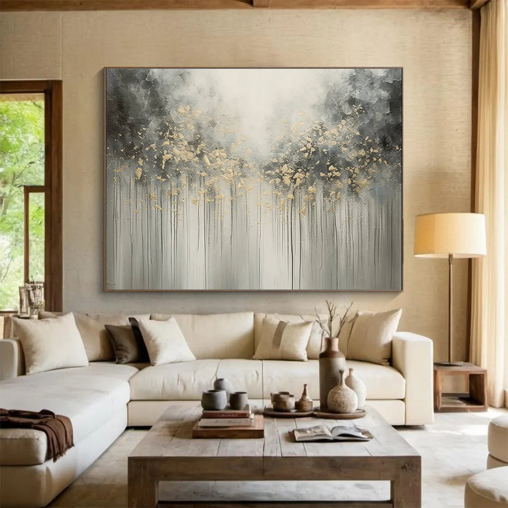 Gray Gold Drip Abstract Painting with Ethereal Tree - Like Forms THY320