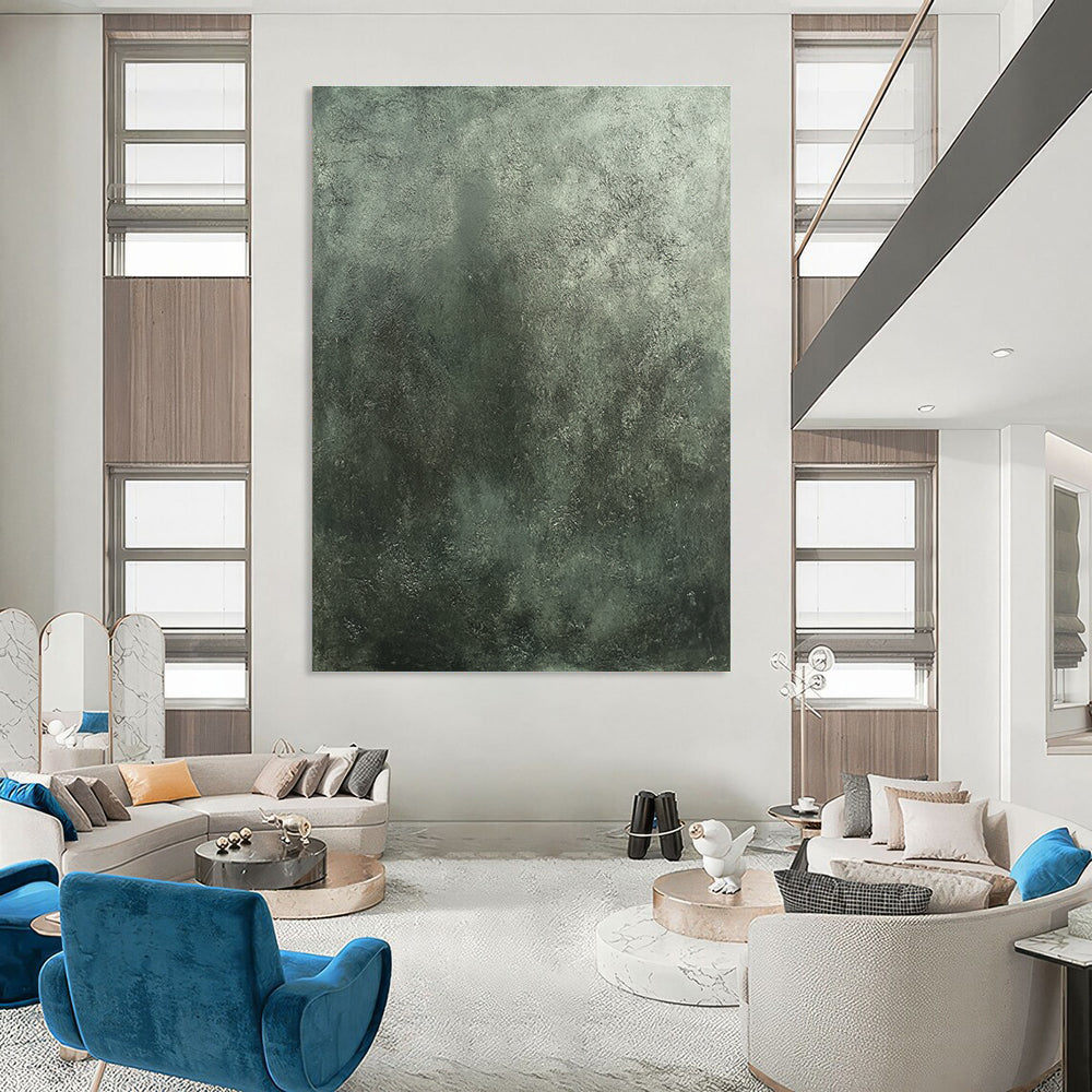 A large abstract painting featuring dark gray concrete texture with subtle greenish tones inspired by Beksiński and Frazetta's styles.STSC1290