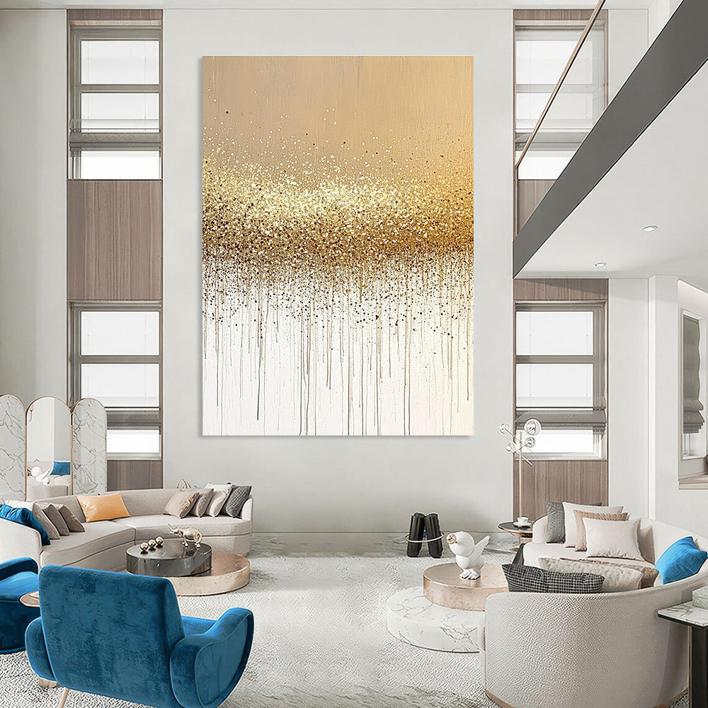 Abstract painting featuring sand and gold glitter on a neutral beige background, showcasing a minimalistic design in soothing tones.STSC994