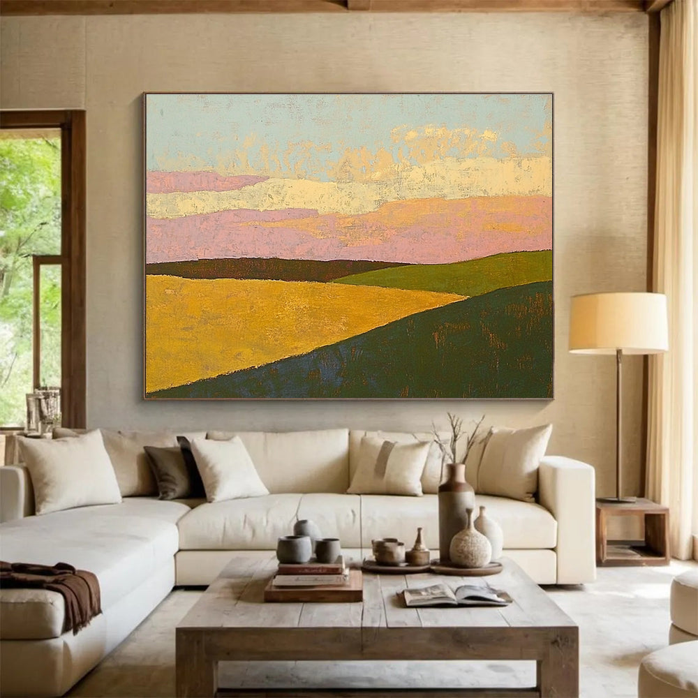 Colorful Hill Landscape Abstract Painting with Pink and Yellow Tones DYP575