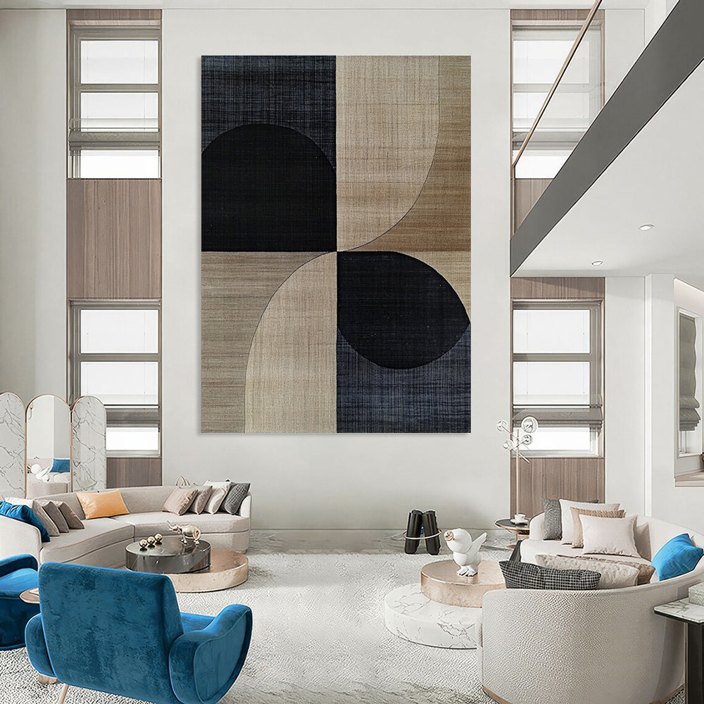 A large abstract painting featuring mid-century modern designs with black and beige shapes, wood grain texture, and subtle geometric patterns.STSC1318