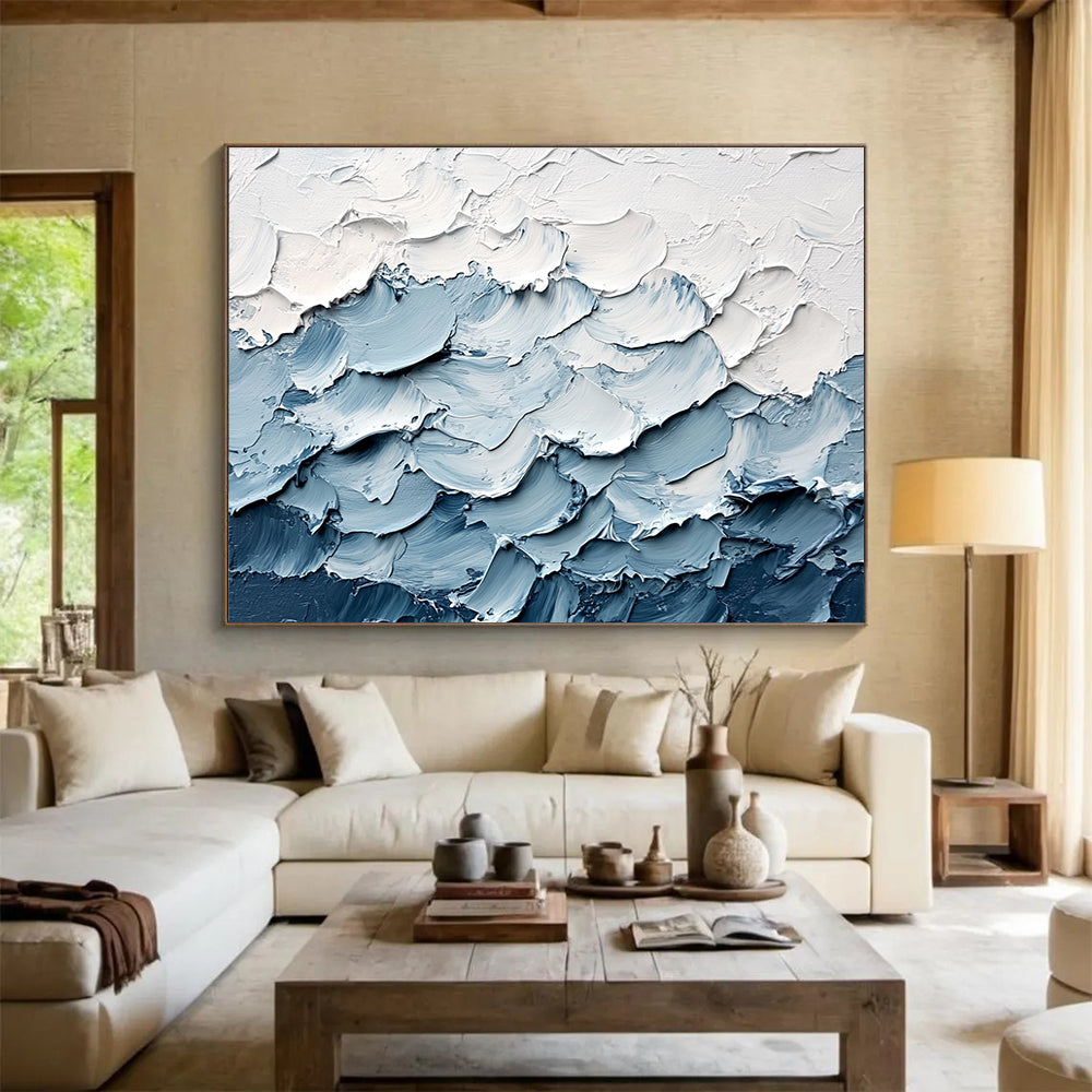 Textured Blue Waves Abstract Painting with Thick Brushstrokes DYP364