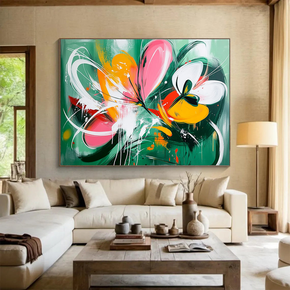 Large abstract painting of wildflowers with dynamic splashes and shapes in green pink yellow and orange accented by white lines and butterflies.SC207