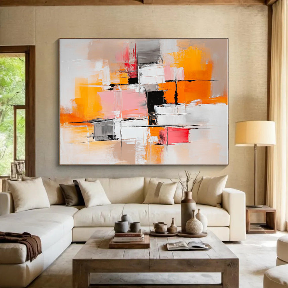 Orange Pink Gray Abstract Painting with Geometric Shapes GER760