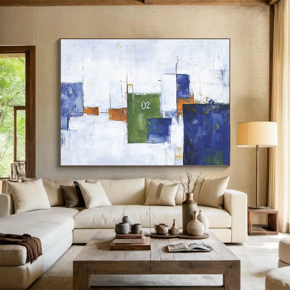 Geometric Numbered Abstract Painting with Blue Green and Orange DYP323