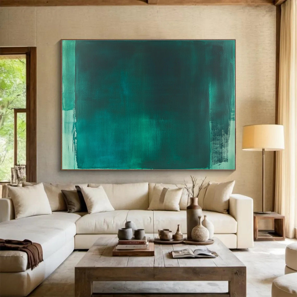 Large abstract painting featuring emerald green and teal, with loose brush strokes and a minimal monochromatic palette in the style of Mark Rothko.SC233