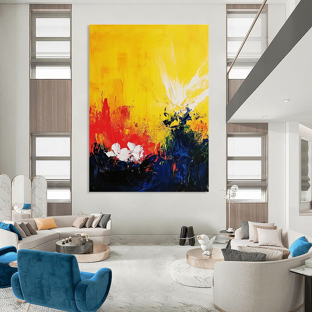 Abstract painting with a yellow background features red and blue splashes white flowers and bright sun rays in a dynamic acrylic composition.STSC407