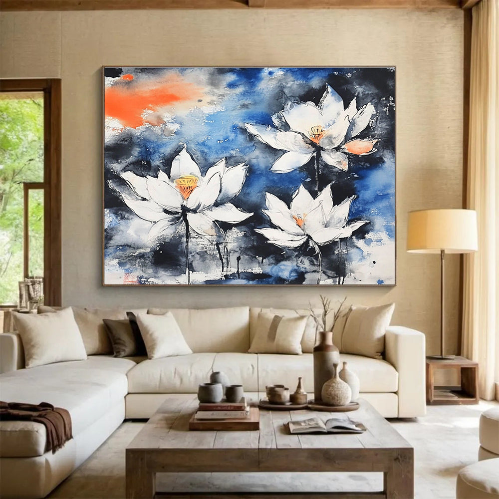Ink - Wash Lotus Flowers Abstract Painting with Blue Black and White Tones DYP580