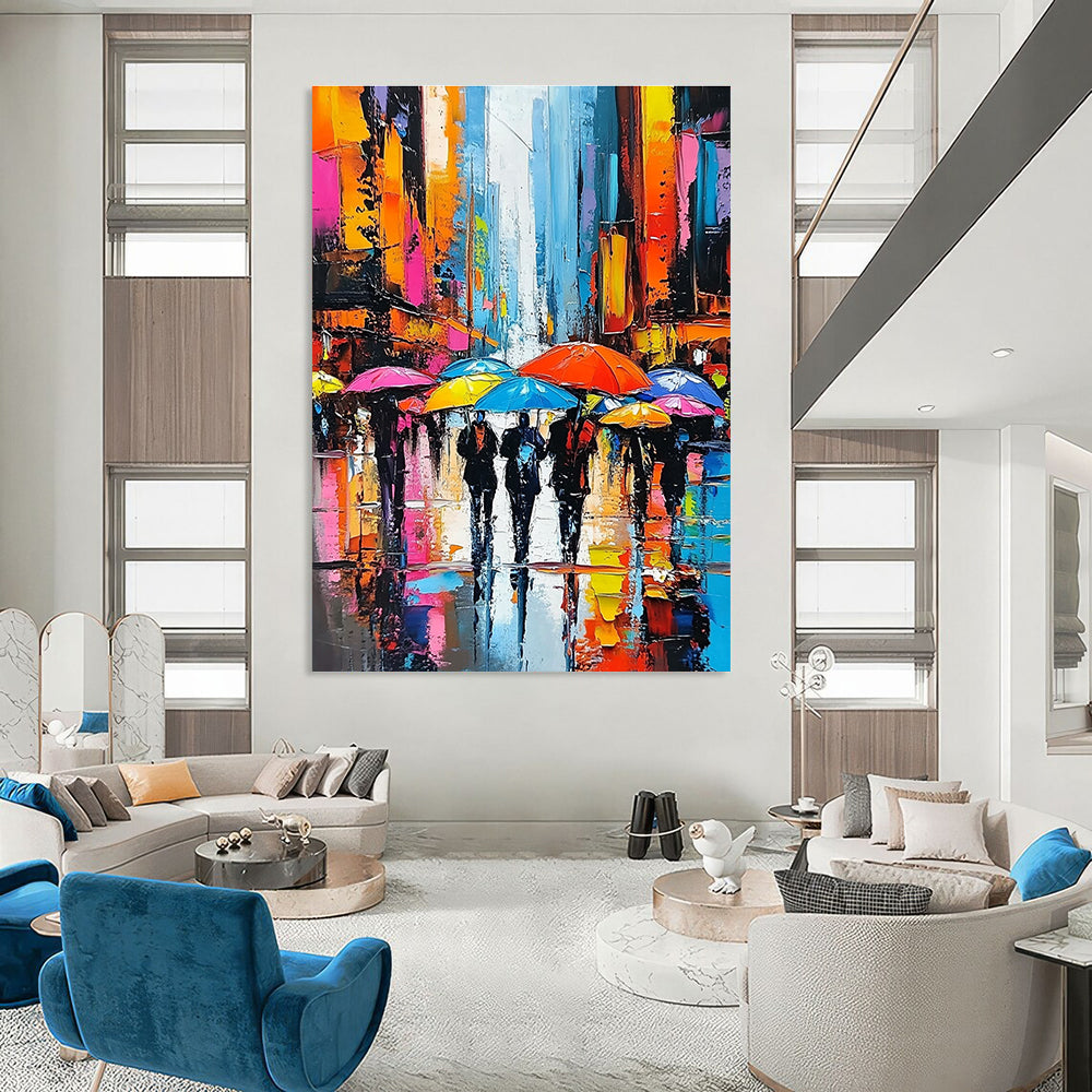 A large abstract painting showcasing vibrant city streets with people under colorful umbrellas and towering skyscrapers emphasizing expressive faces and dynamic brushstrokes.STSC850
