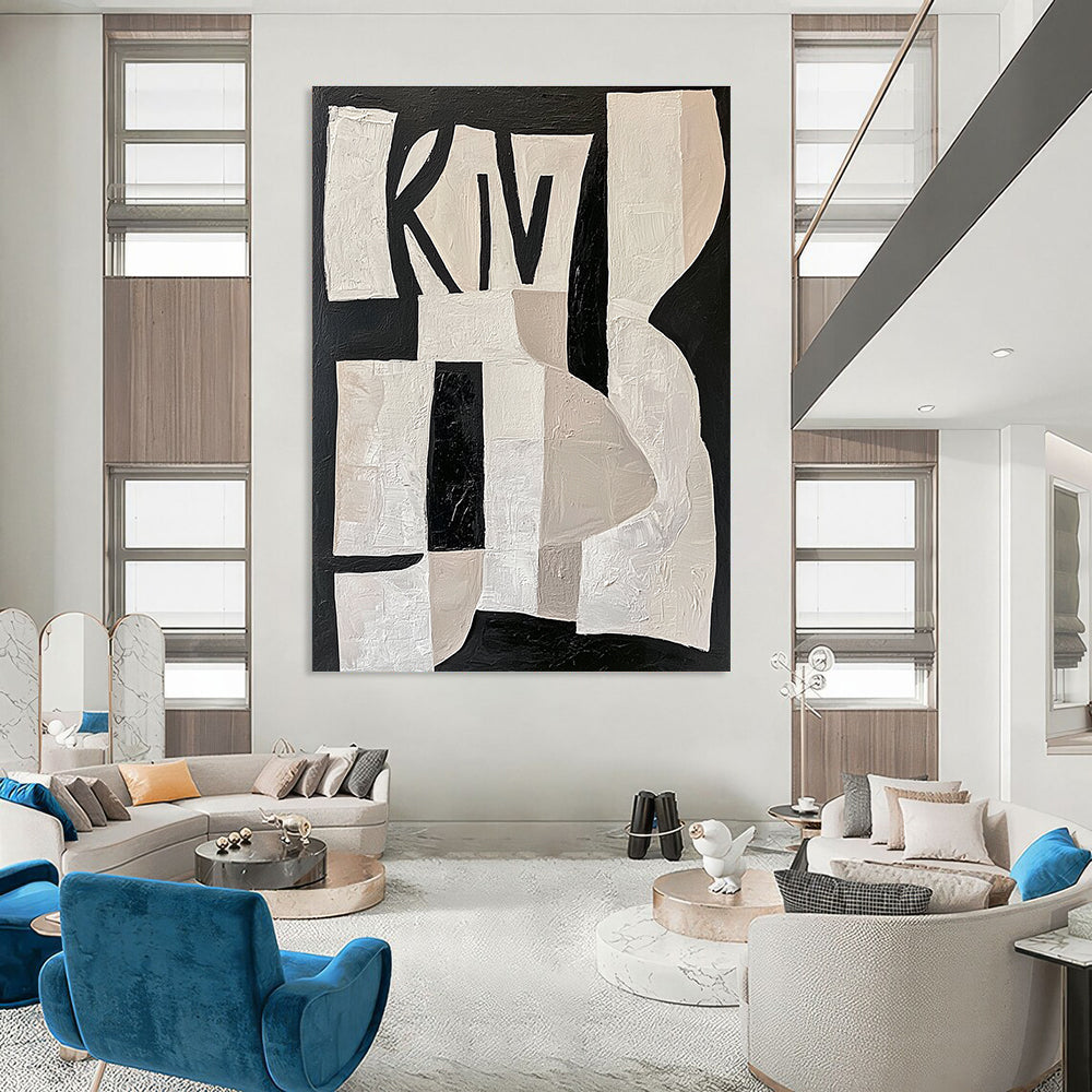 Large abstract painting featuring white shapes on a black background with deconstructed collage elements and the word KIWI in pastel colors.STSC313