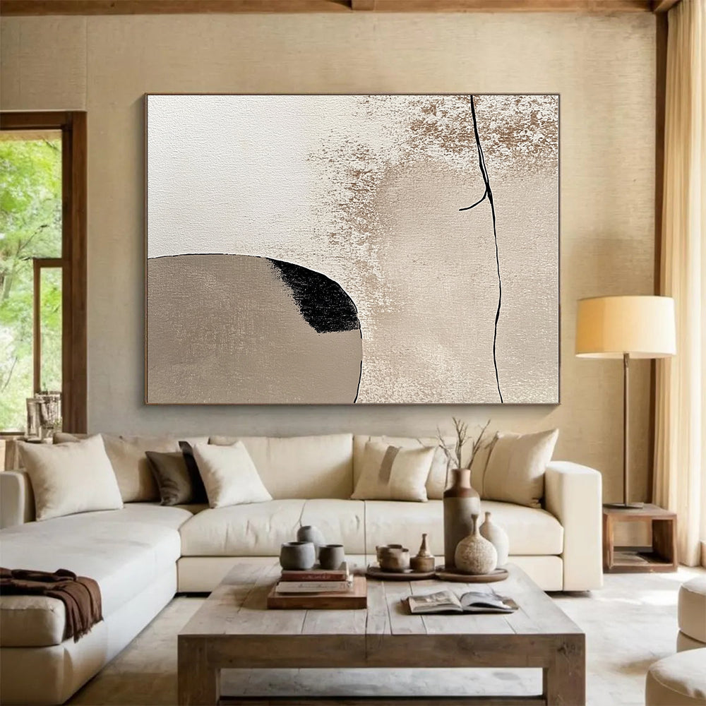 Beige and Black Minimalist Abstract Painting with Simple Forms GER044