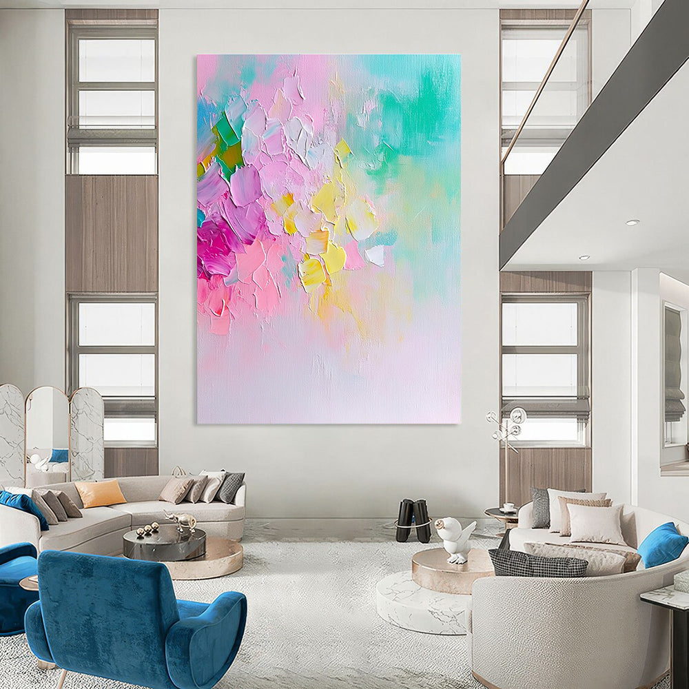 Large abstract painting in pastel colors featuring a floral composition with soft brush strokes and a dreamy springtime atmosphere.STSC442