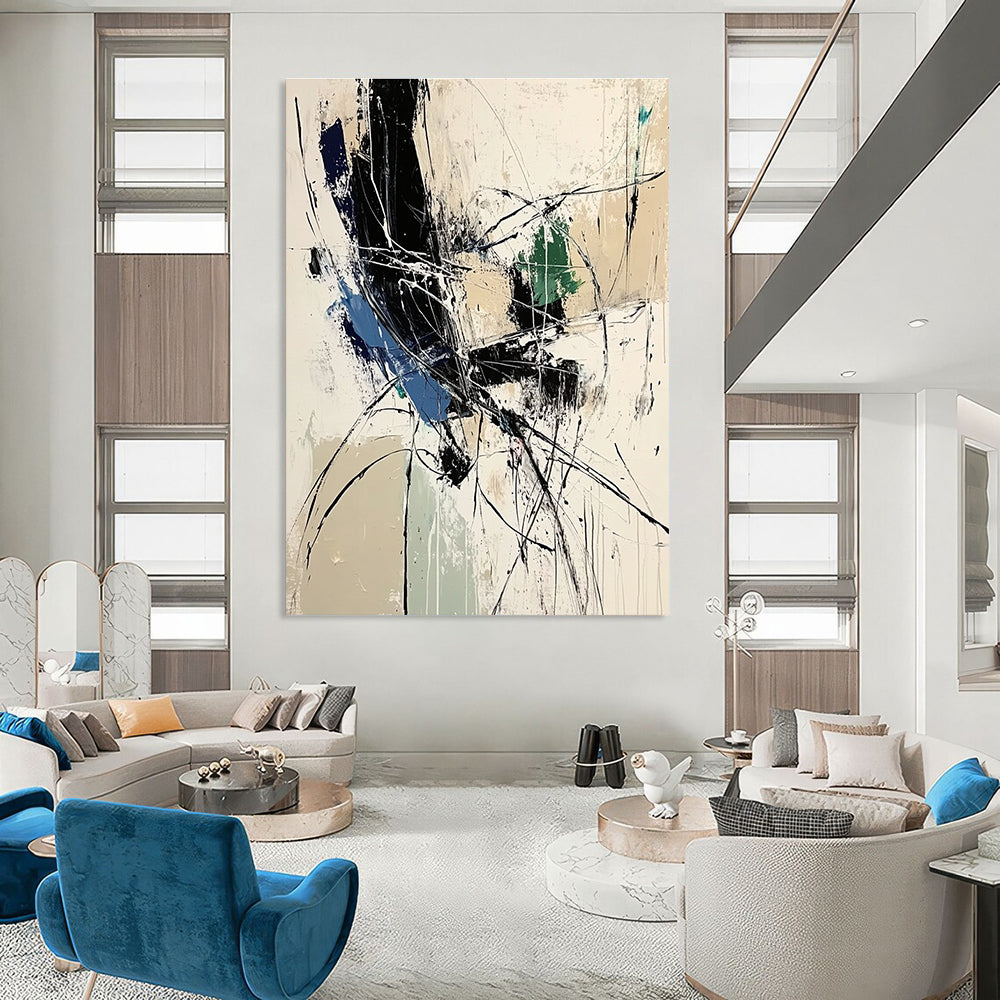 Large abstract painting featuring dynamic lines and organic shapes in white black and blue tones inspired by Zao Wou-Ki.STSC825