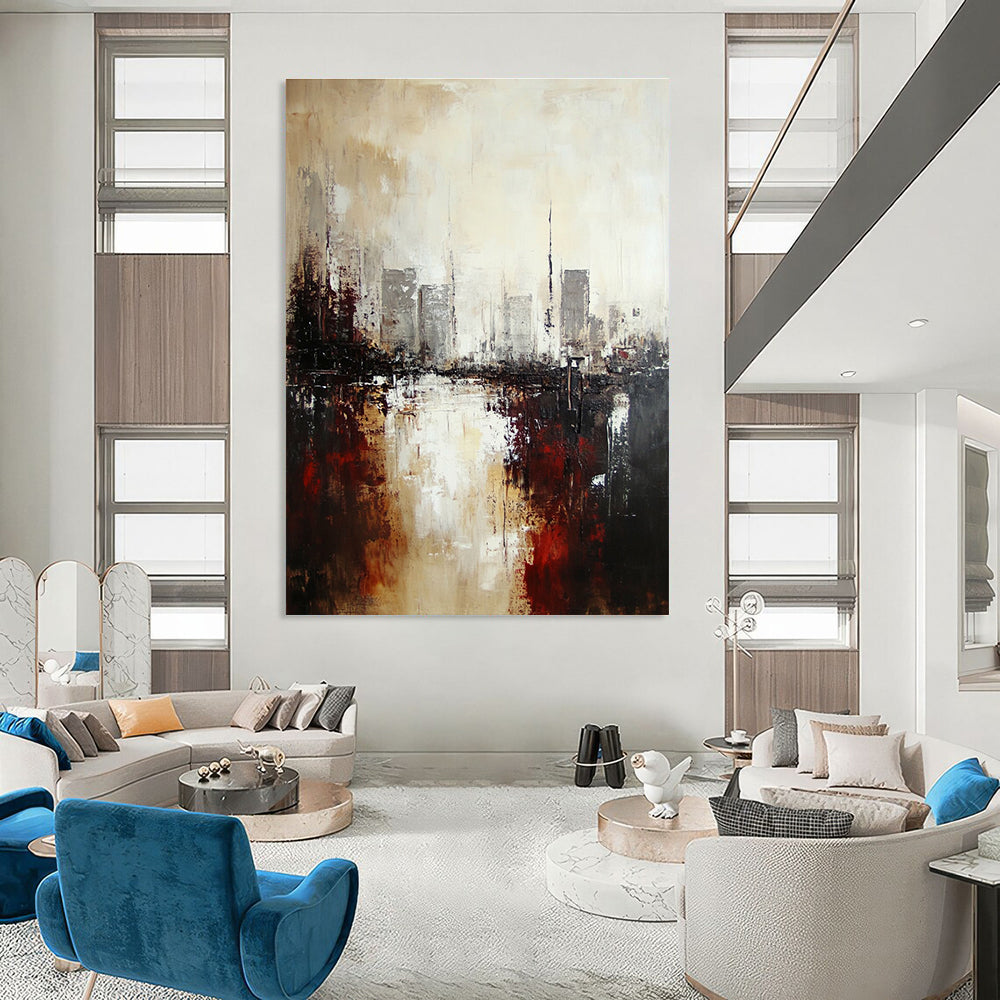 Large abstract oil painting of an industrial cityscape featuring neutral tones with brown and gray accents for an atmospheric effect.STSC148
