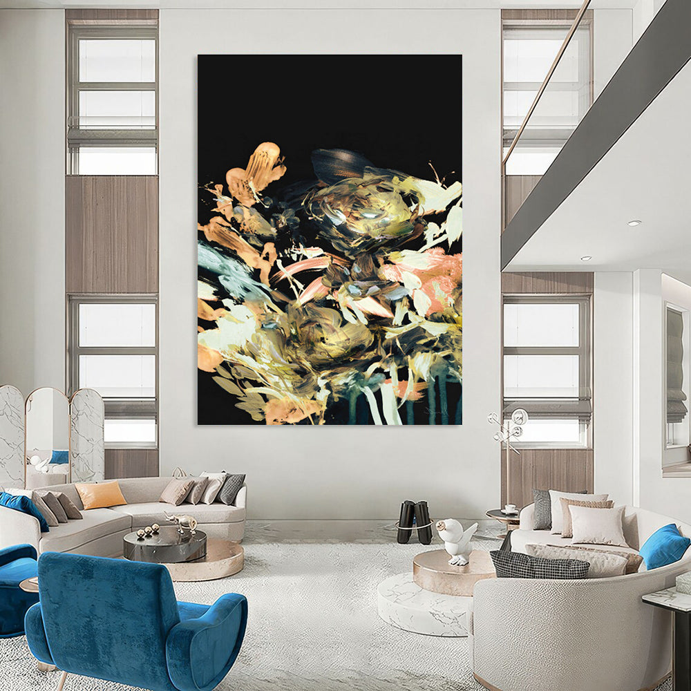 Colorful Floral Abstract on Black Background Painting ADGE171