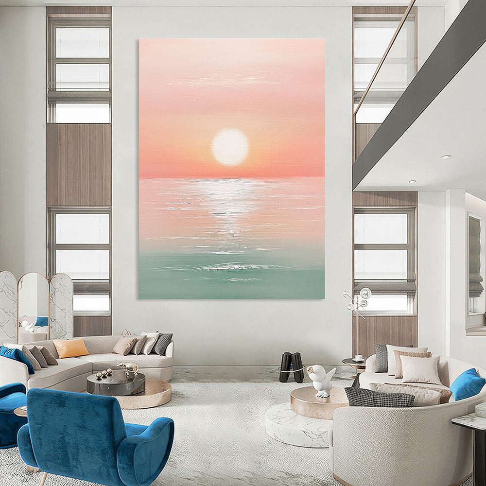 A large abstract painting featuring a sunset over the ocean in pastel pink and mint green with a white sun at the center.STSC1425