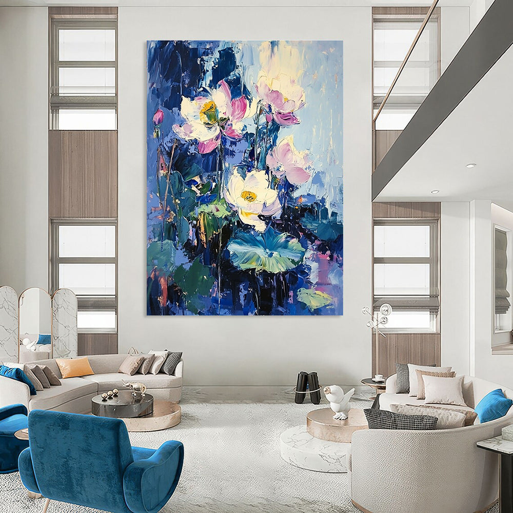 Large abstract oil painting of lotus flowers and leaves in purple and blue with impressionist style and surrealistic elements against a blue sky.STSC190
