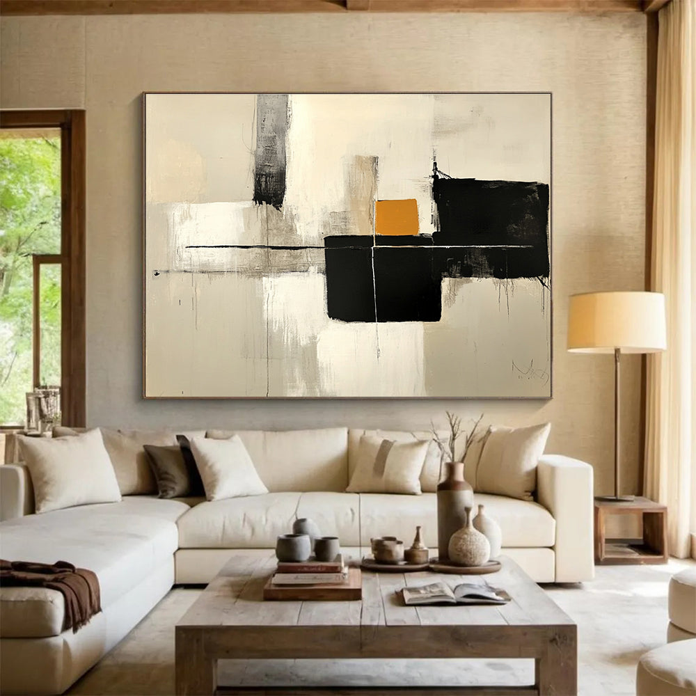 Large abstract painting featuring thick brush strokes in neutral colors with gray and black blocks and a small orange shape on a white background.SC503