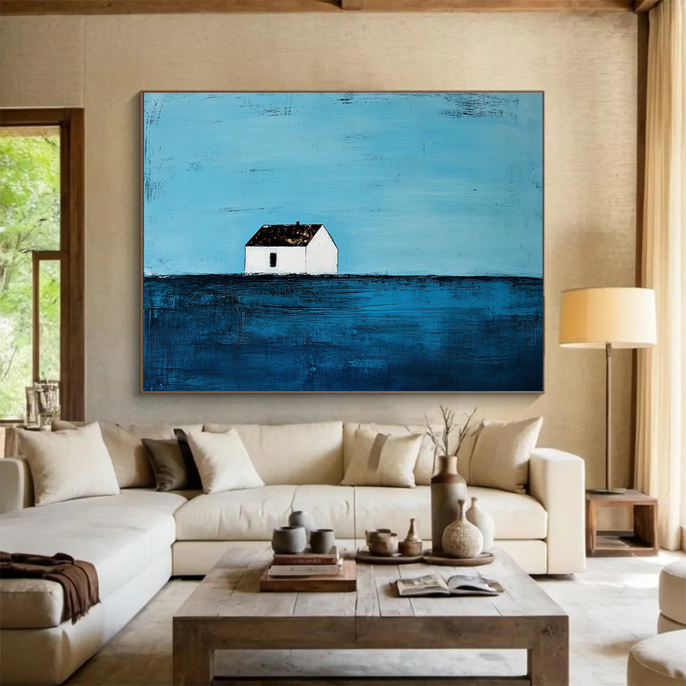 Blue and White Abstract Painting of a Solitary House DYP144
