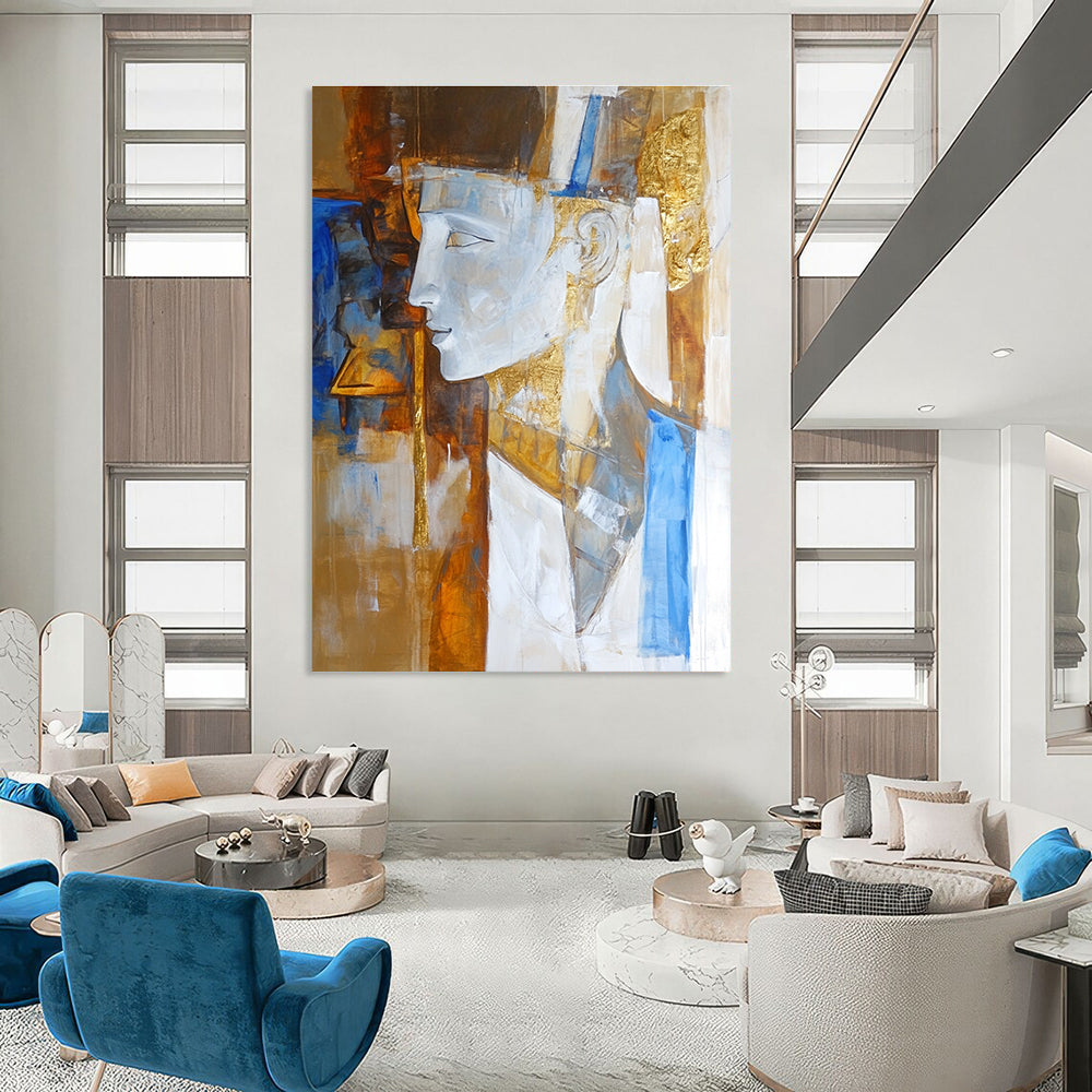 Large abstract painting featuring an ancient Greek sculpture in white brown and blue with elegant golden details.STSC633