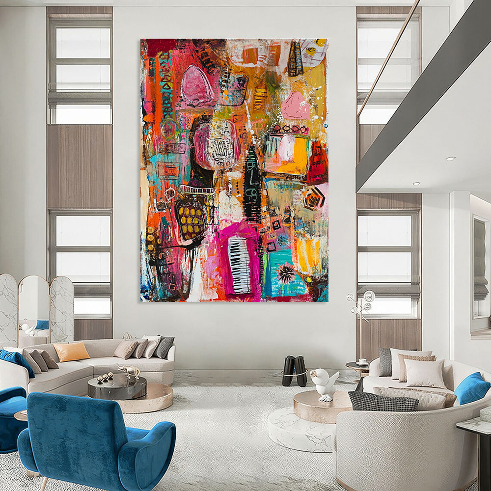 Large abstract painting featuring vibrant colors and dynamic shapes, showcasing lively patterns with diverse objects like books, instruments, and animals.STSC821