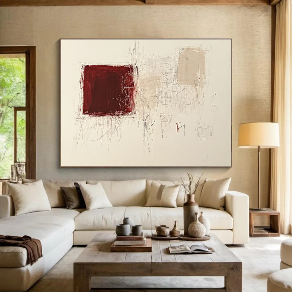 Large abstract painting featuring a dark red square and light beige scribbles on white paper with small doodle shapes.SC552