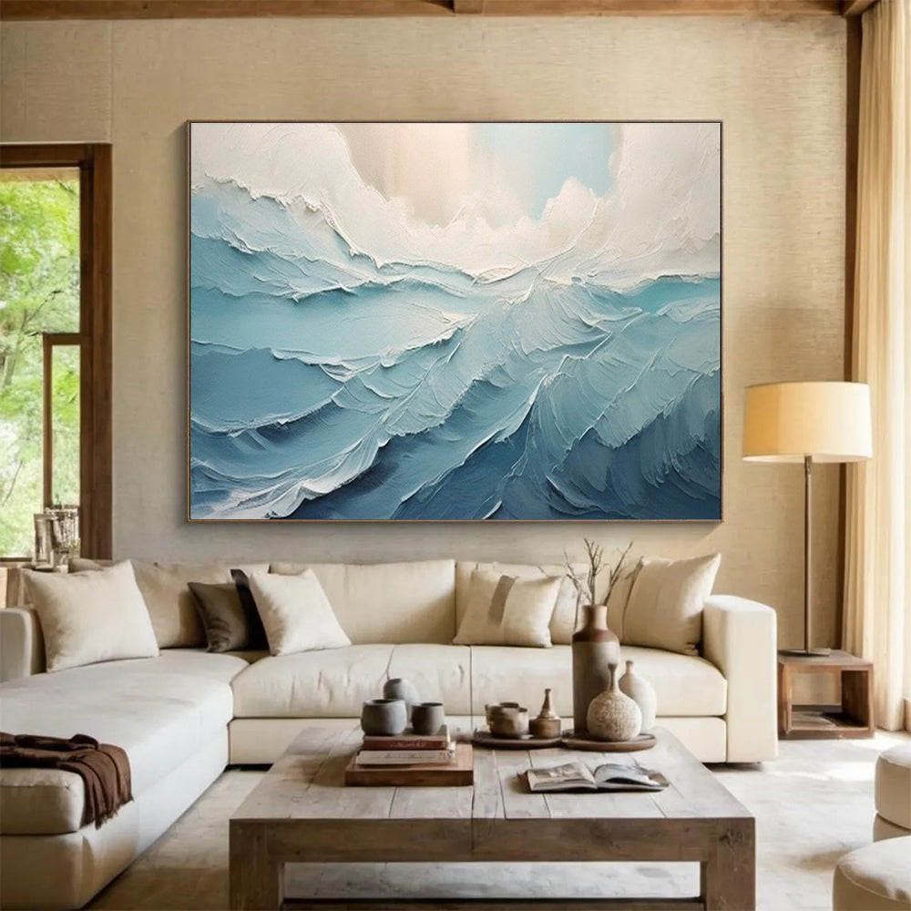 Textured Sea Waves Abstract Painting with Blue and White Tones THY227