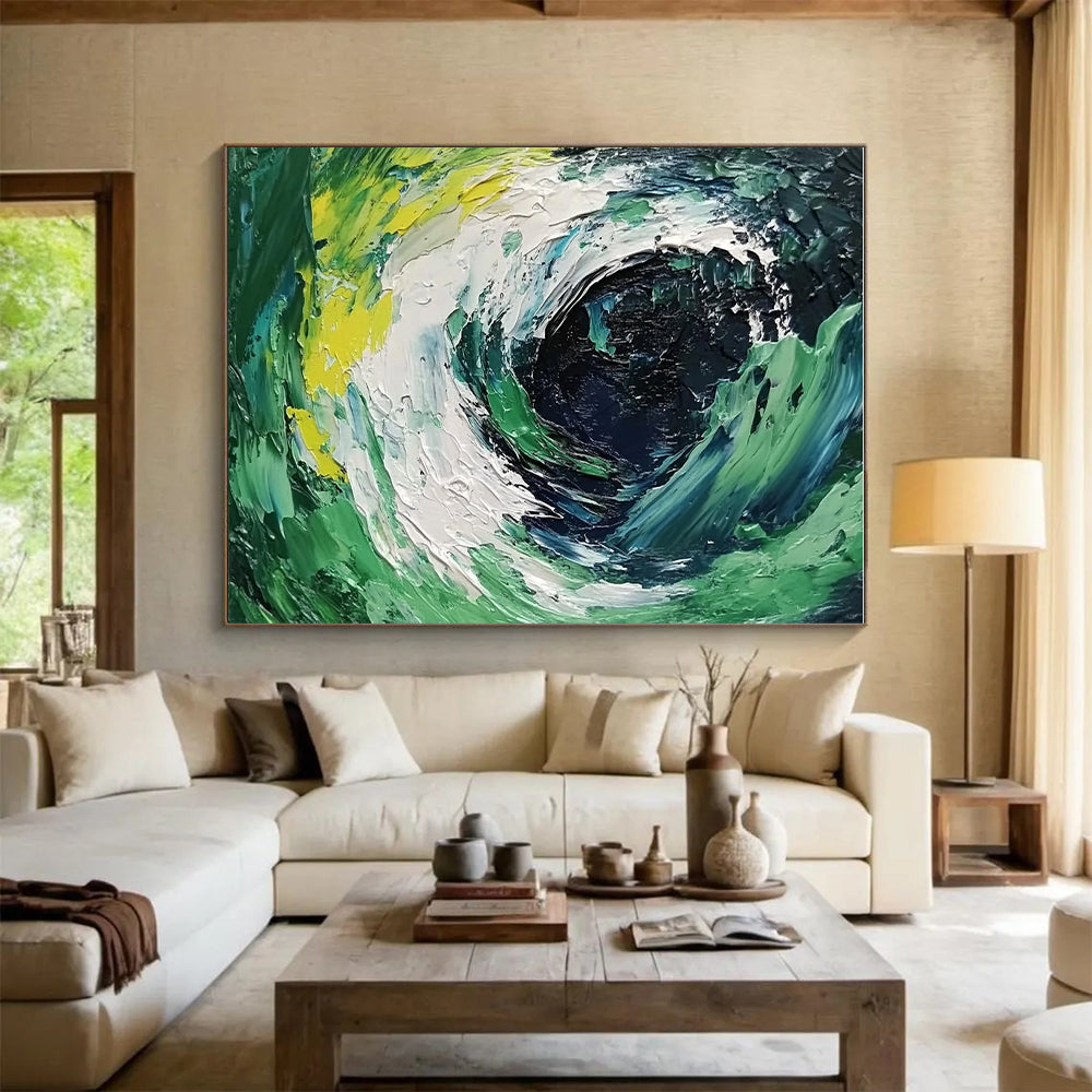Green Blue and White Swirl Abstract Painting with Dynamic Textures GER070