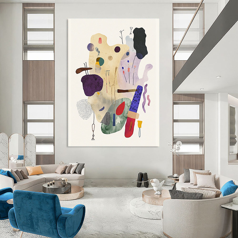 A large abstract watercolor and ink illustration featuring whimsical objects in muted pastel tones and playful textures on a textured paper background.STSC1238