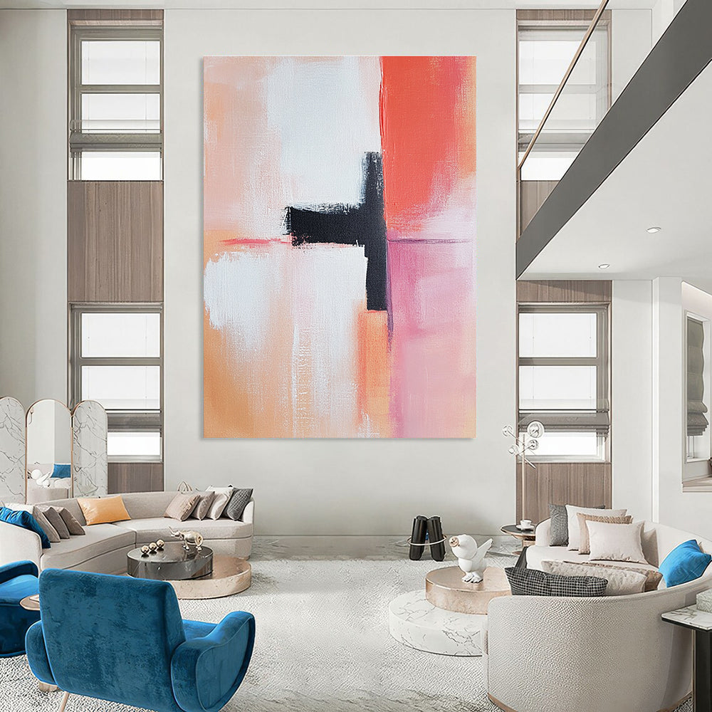 Large abstract painting featuring light pink peach and white tones with a dark red accent oil on canvas in the style of Henri Matisse.STSC819