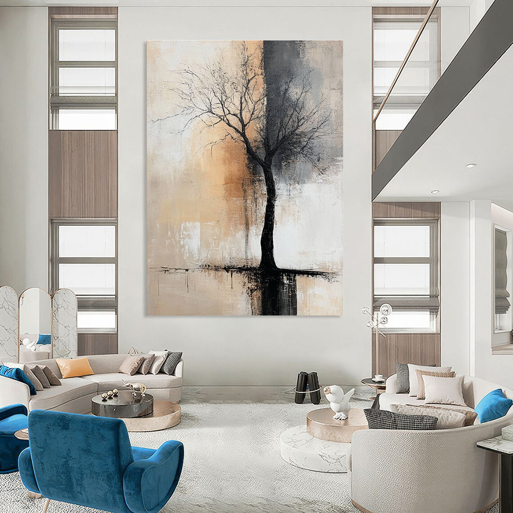Large abstract painting featuring neutral colors in muted gray and beige tones, perfect for elevating any modern space.STSC492