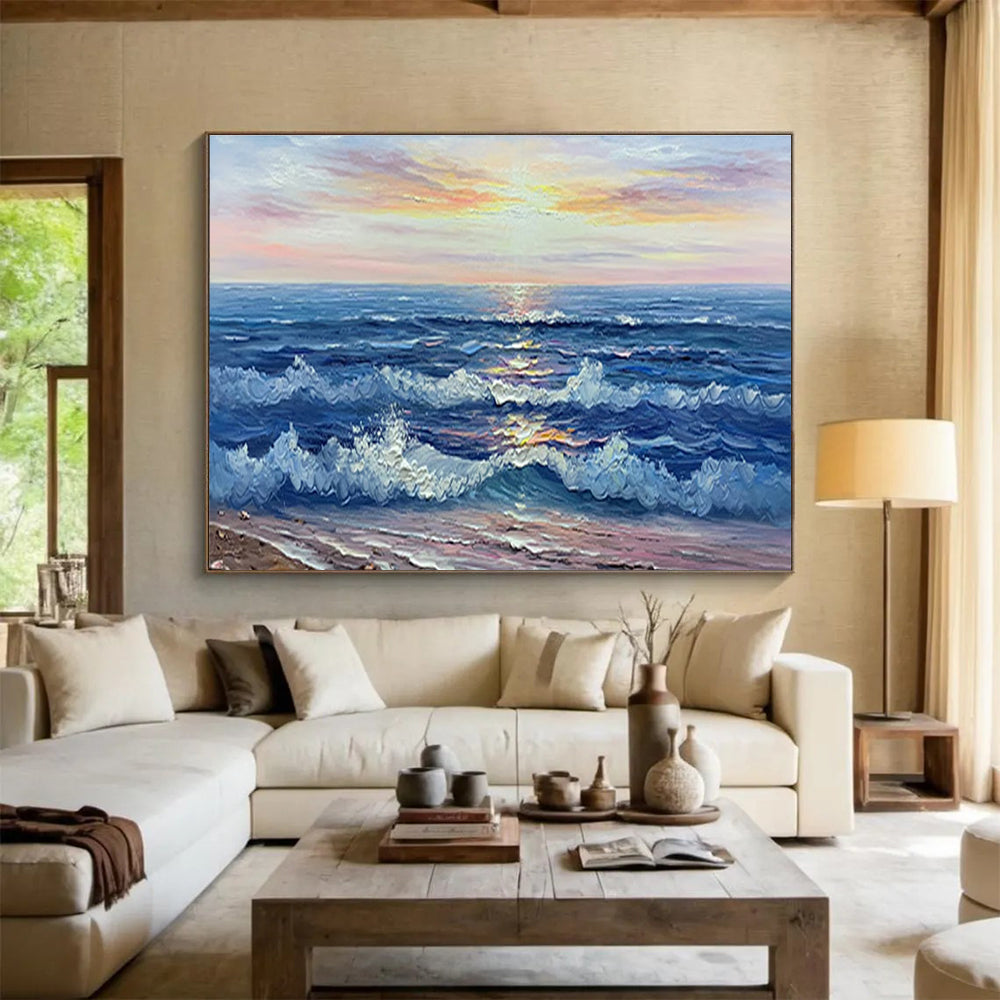Sunset Sea Abstract Painting with Blue, Orange, and Pink Tones THY218