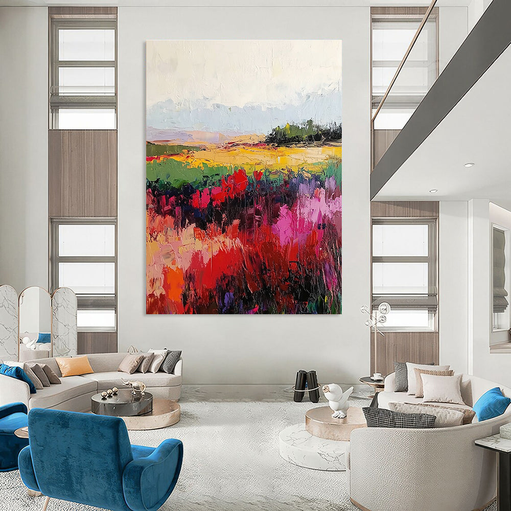 Large abstract painting with vibrant reds and greens, textured canvas and soft blurred edges, created using palette knife and broad brush strokes.STSC113