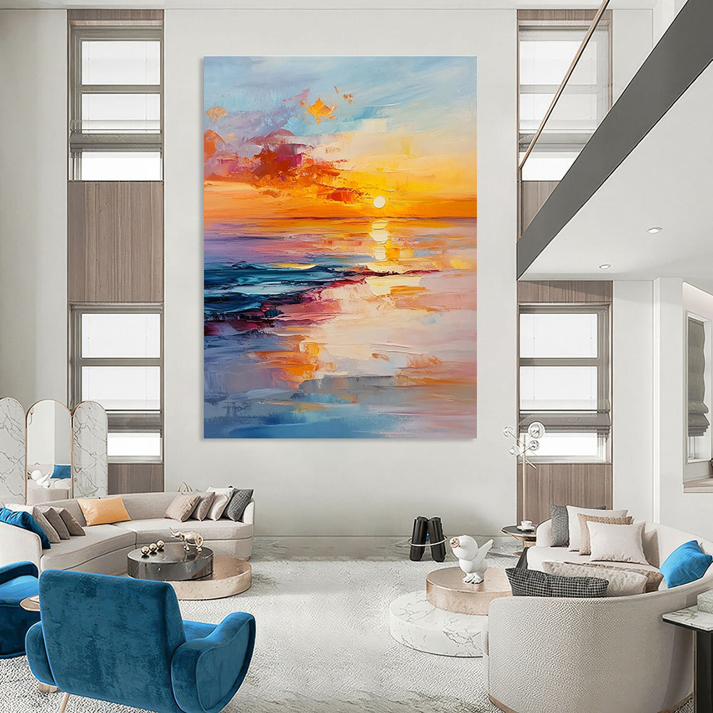 Abstract painting of a sunset over the ocean with vibrant orange and pink hues reflecting on serene waters conveying tranquility and harmony.STSC895
