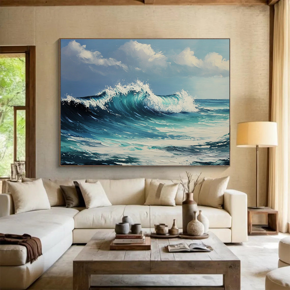 Large abstract oil painting of ocean waves capturing dynamic movement and vibrant colors in the style of Greg Rutkowski for inspiring decor.SC602
