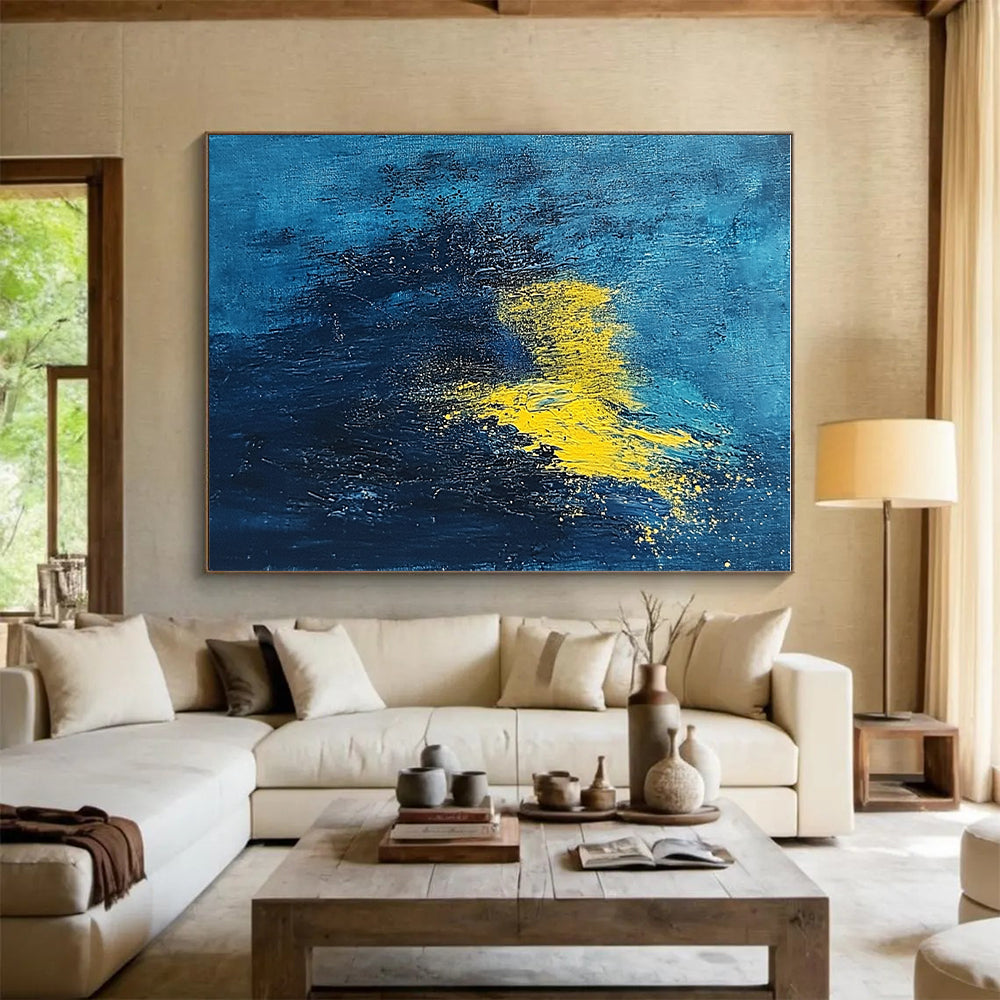 Deep Blue and Yellow Abstract Painting with Dynamic Splashes GER395