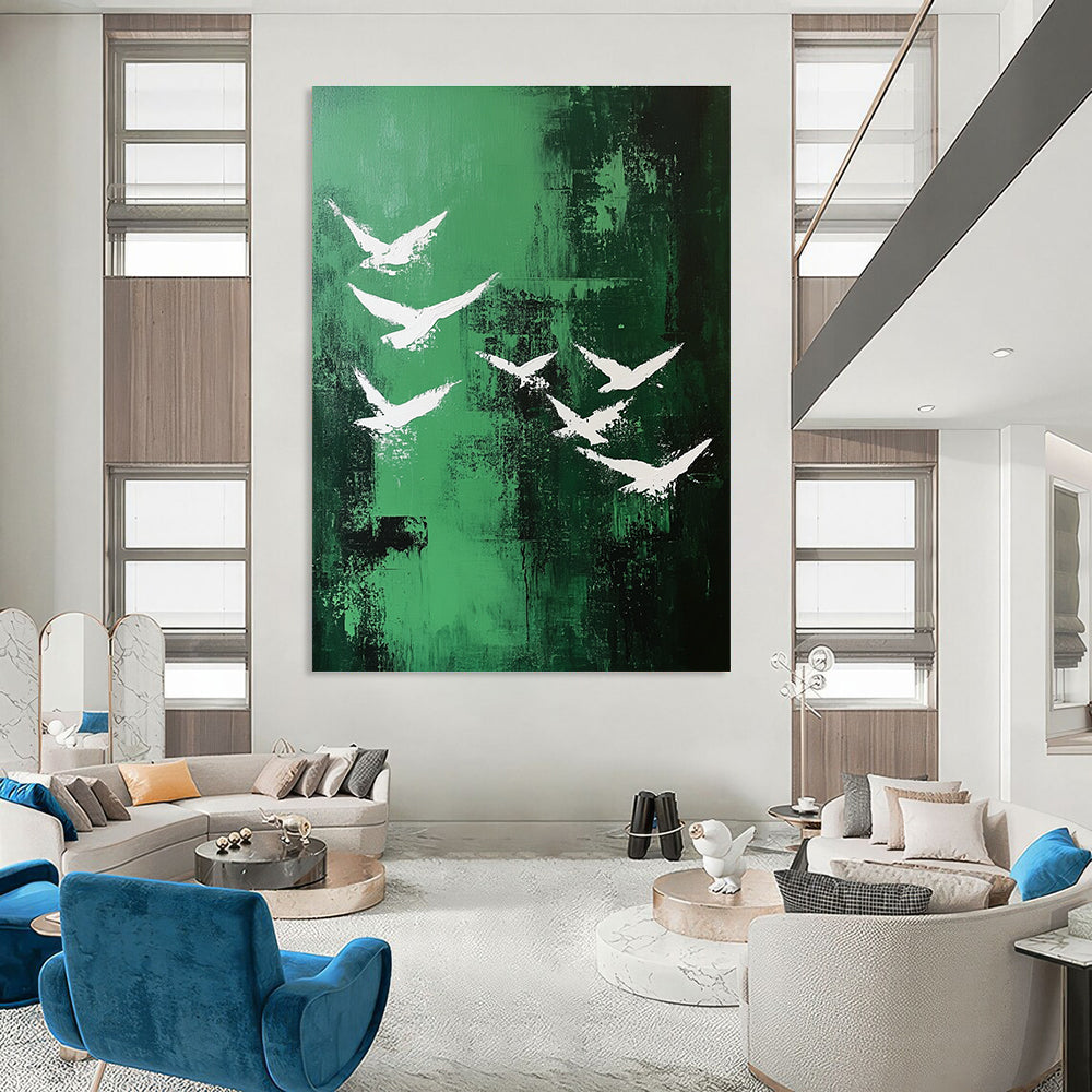 Abstract painting featuring white birds soaring over a vibrant emerald green landscape in a minimalistic style.STSC362