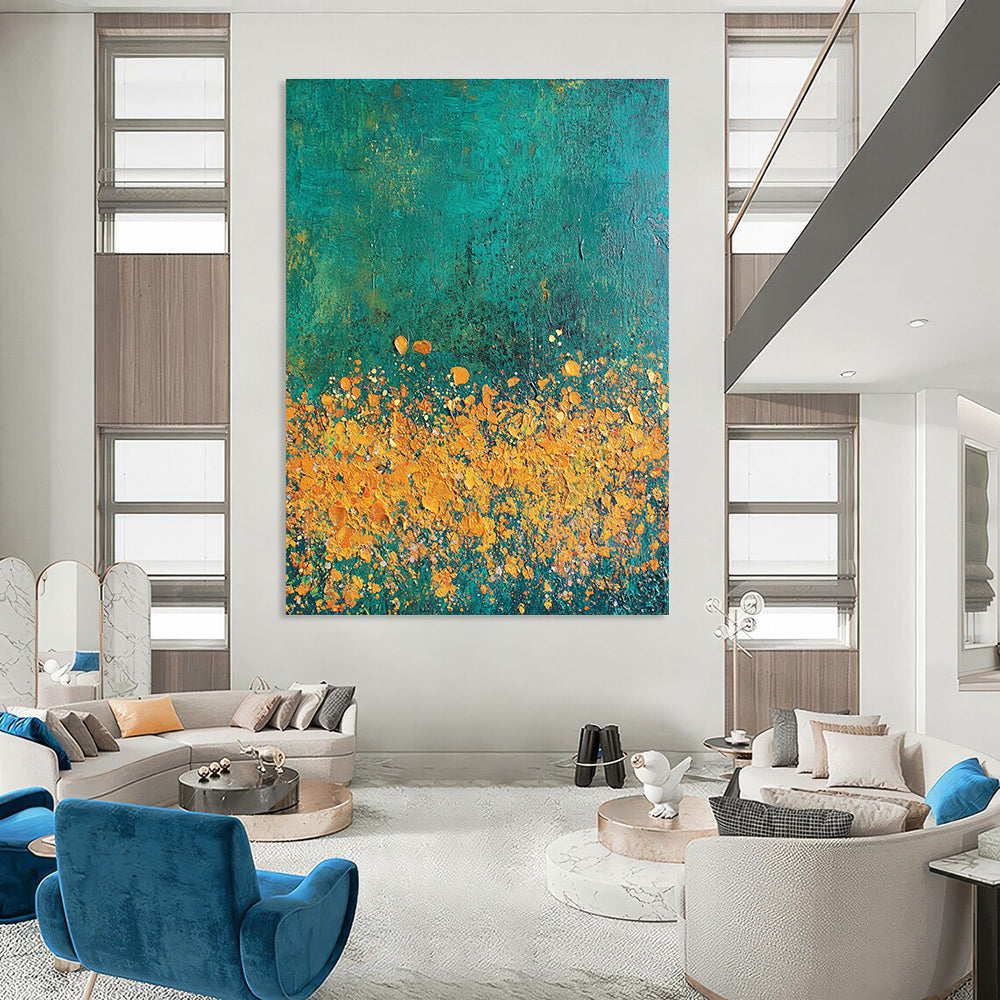 Abstract painting featuring textured strokes in teal gold and orange with a vibrant flower cluster against a dark green backdrop.STSC1110