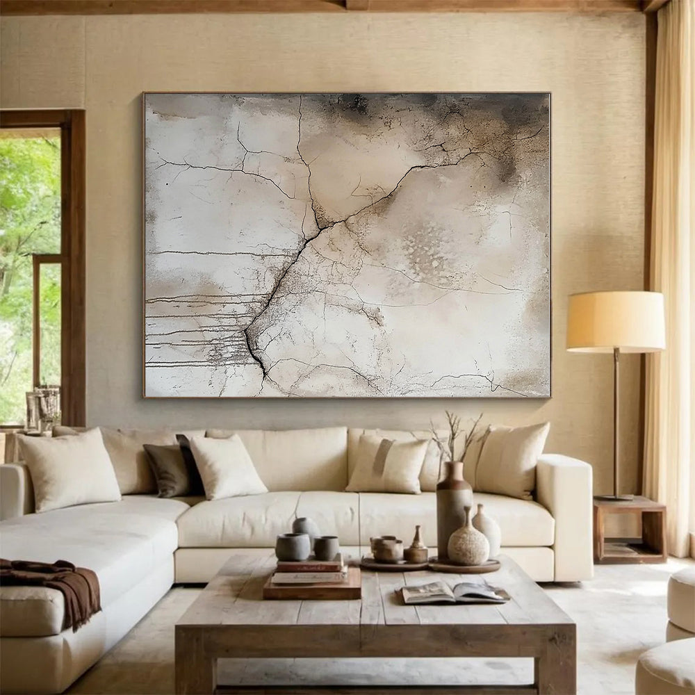 Beige and Gray Abstract Painting with Dramatic Cracks GER565